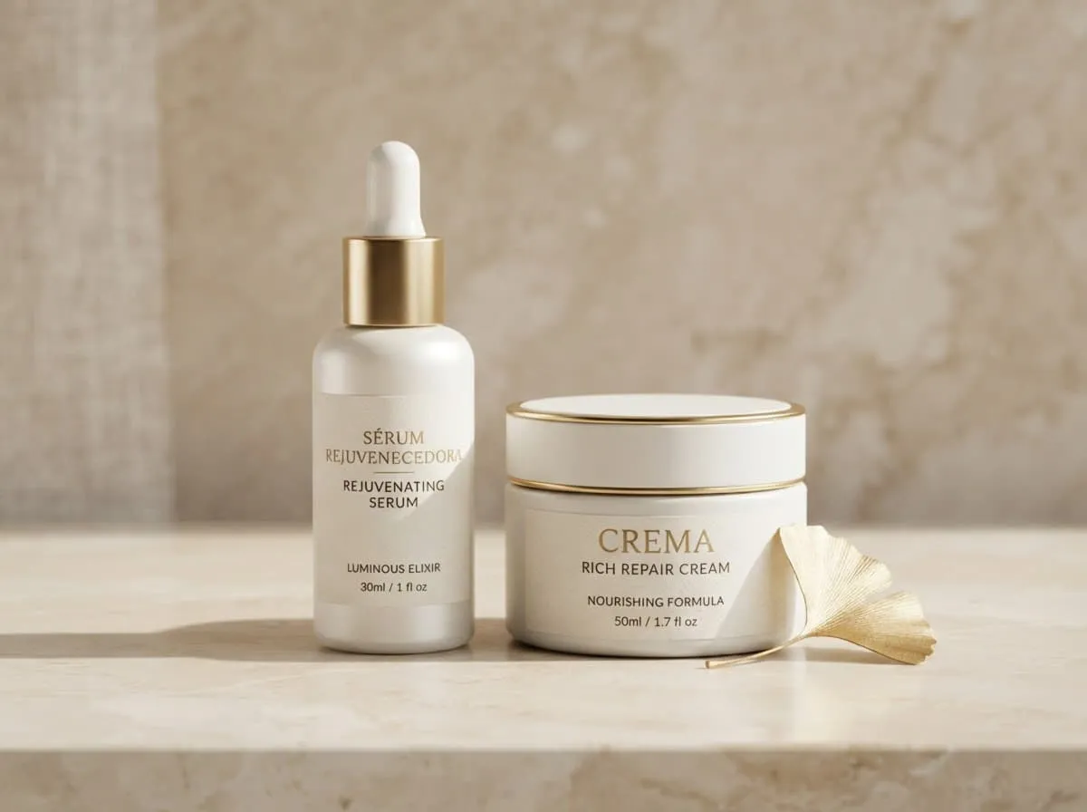 Conjunto de crema y sérum antiedad sobre superficie de piedra clara