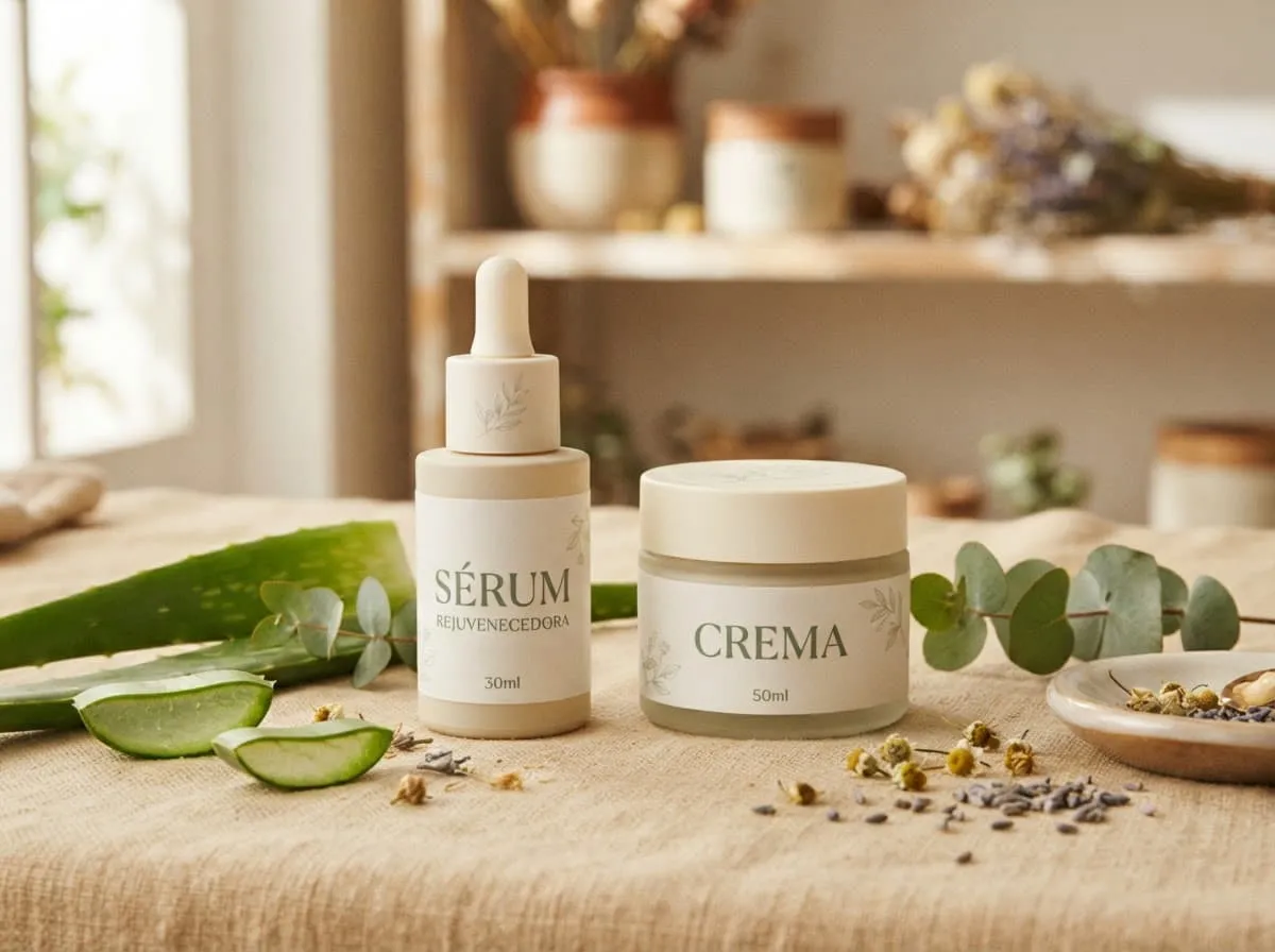 Crema facial y hojas verdes sobre una superficie de madera clara