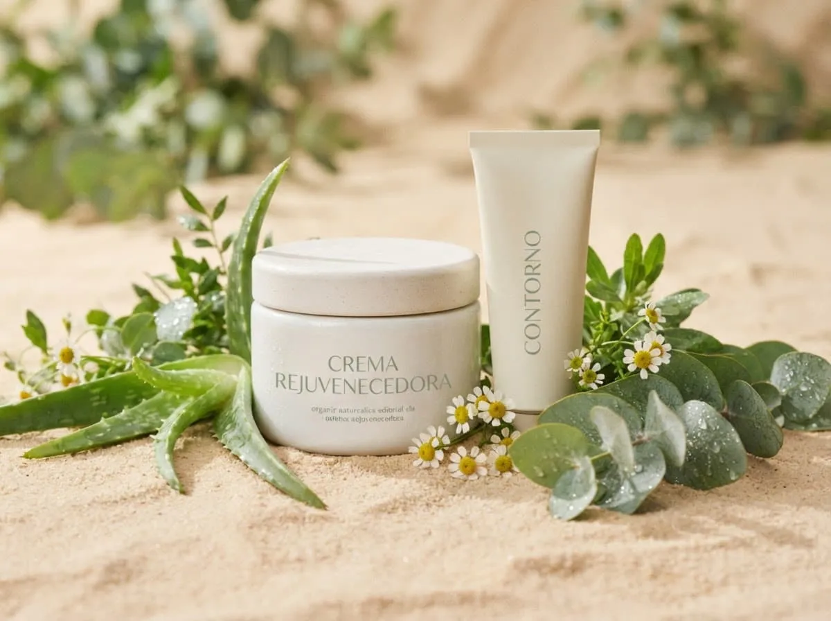 Tarro de crema facial junto a hojas verdes sobre madera clara