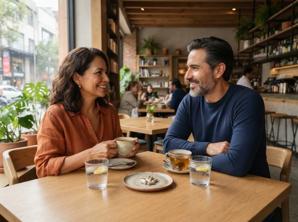 Pareja mexicana conversando en una cafetería con luz natural