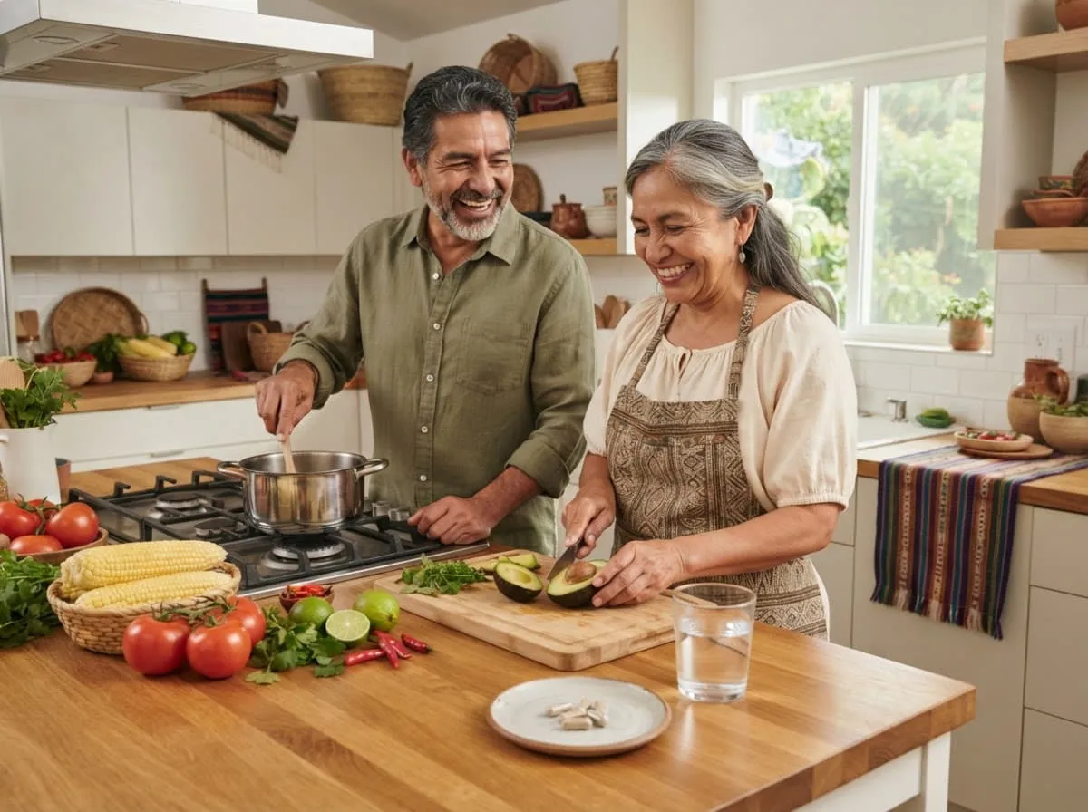 Pareja mexicana cocinando juntos en su cocina, ambiente hogareño