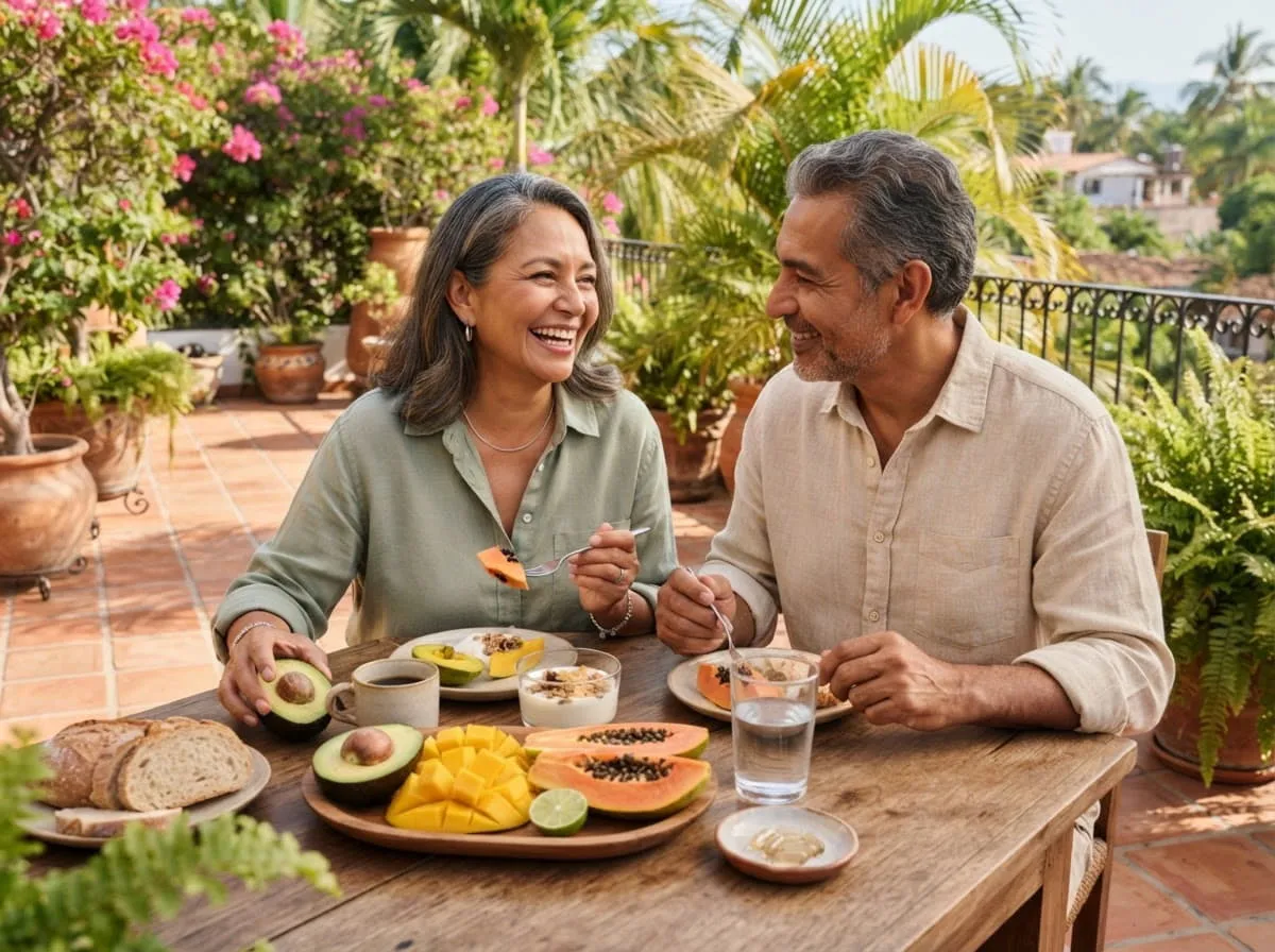 Pareja mexicana mayor desayunando en una terraza con buganvilias