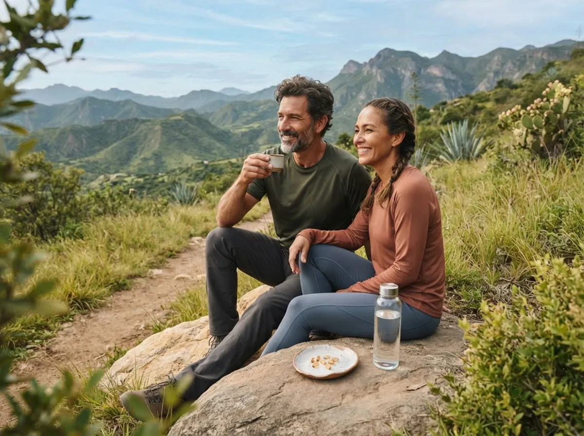 Pareja mexicana en una caminata al aire libre, entorno natural tranquilo