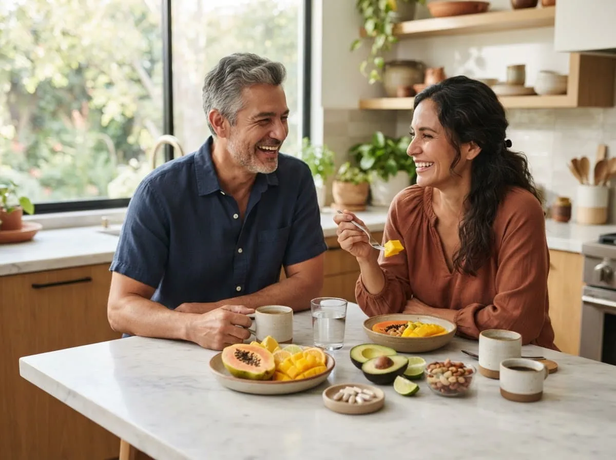 Pareja mexicana desayunando en su cocina, luz natural de la mañana