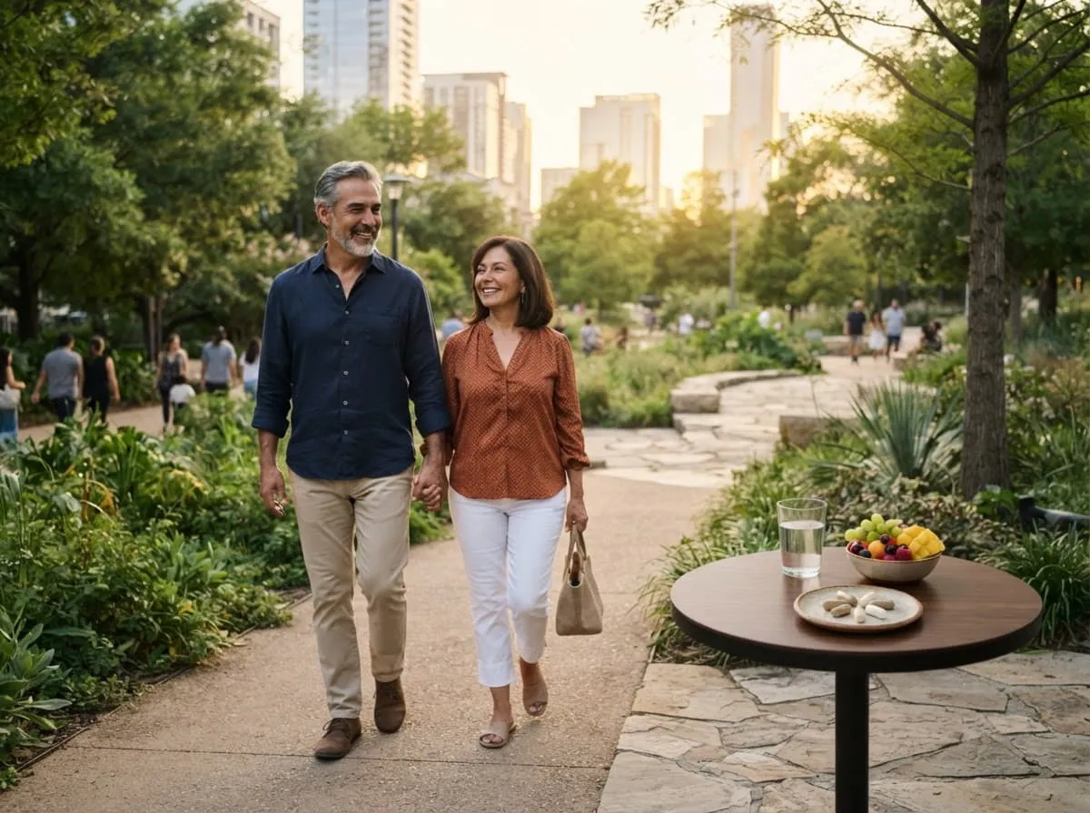 Pareja mexicana caminando por un parque urbano, luz natural