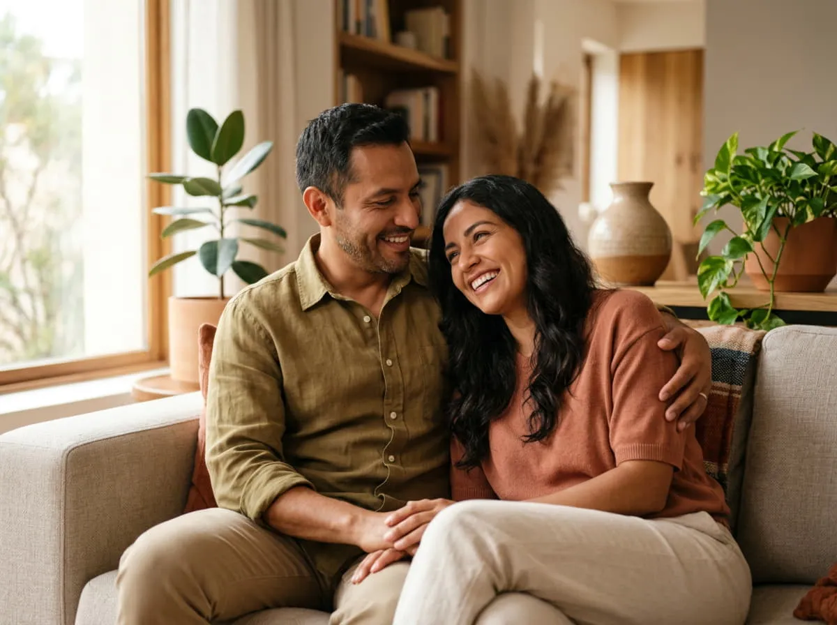 Pareja mexicana en su sala, un momento tranquilo en casa