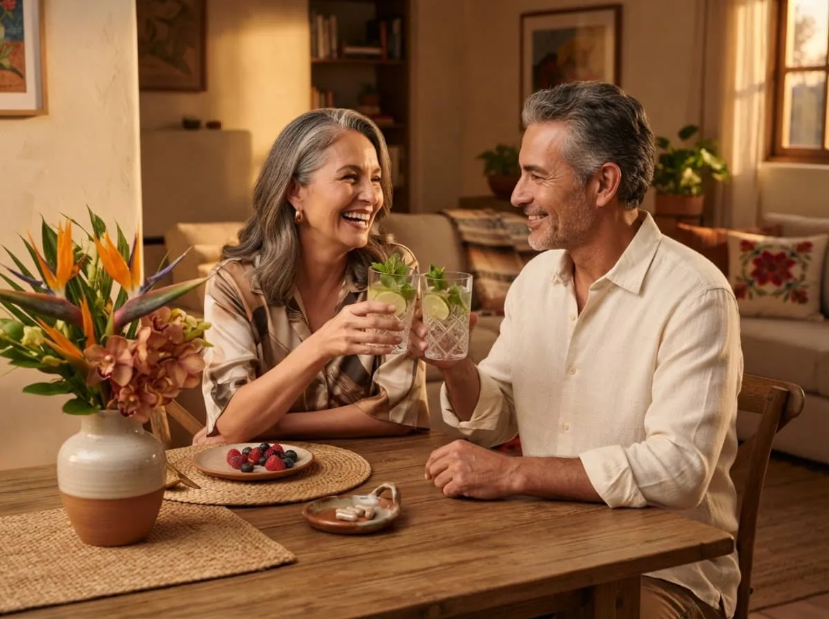 Pareja mexicana mayor brindando en una terraza, ambiente cálido
