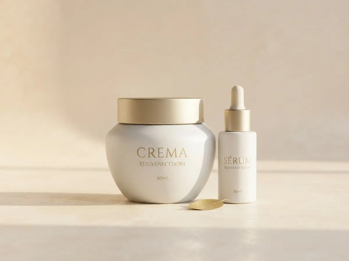 Tarro de crema facial y frasco de sérum sobre tela clara
