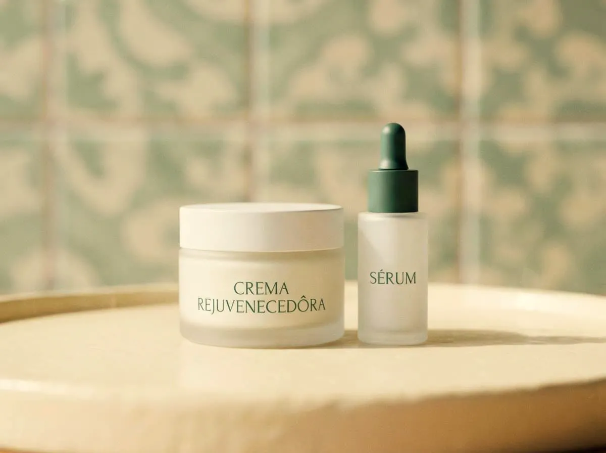 Crema y sérum facial sobre una superficie de piedra clara con luz natural