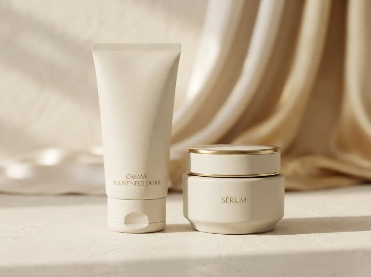 Envase de crema facial sobre tela clara con luz natural suave
