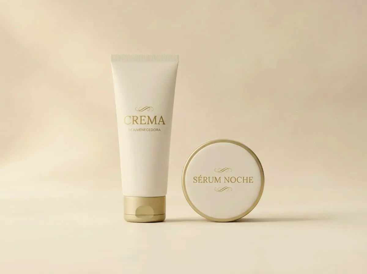 Sérum y crema facial uno junto al otro sobre fondo neutro