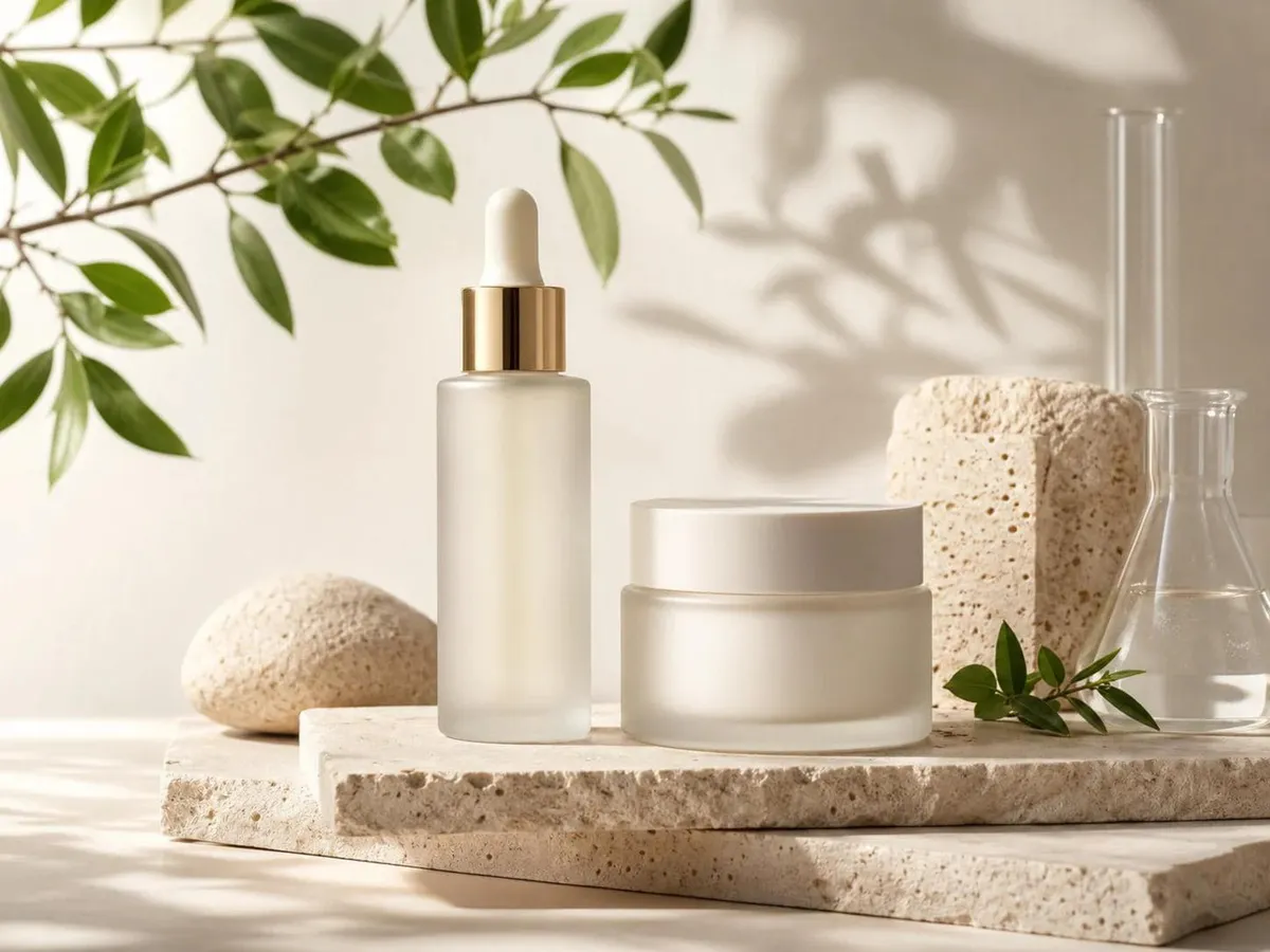 Envases de cuidado facial con hojas verdes y luz natural