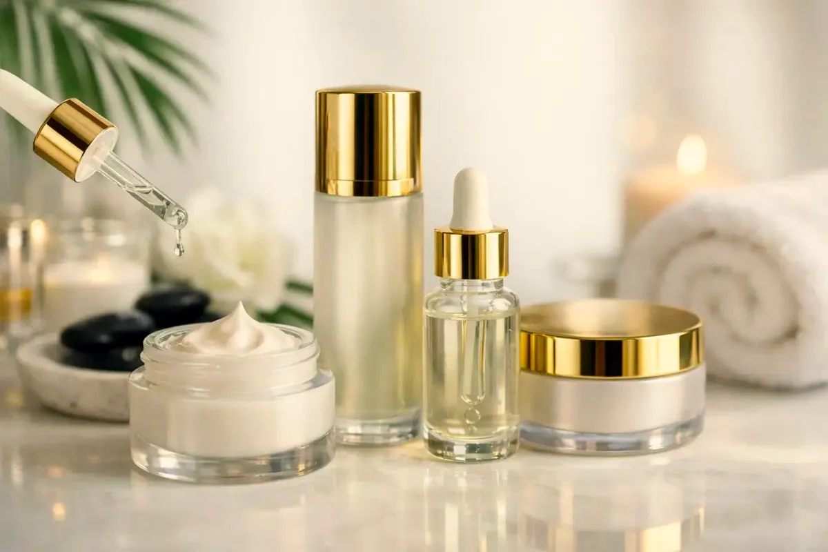 Frascos de cosmética facial sobre superficie de mármol claro