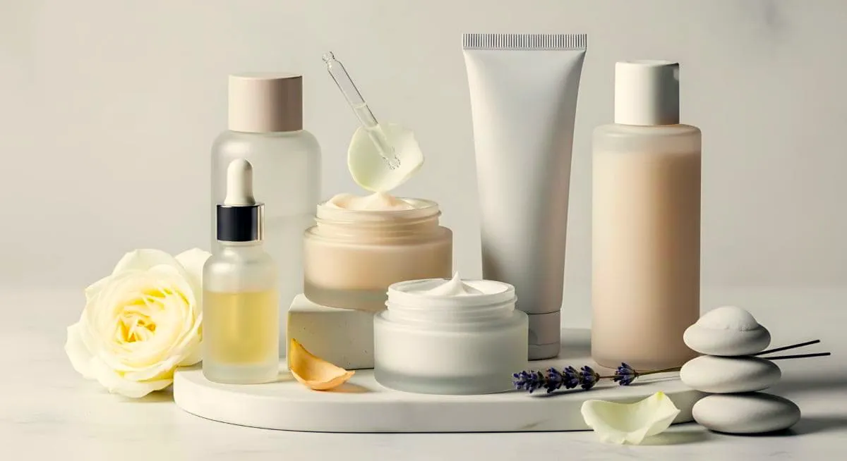 Envases de crema facial de distintas texturas sobre fondo claro