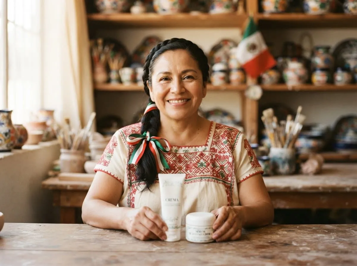 Mujer mexicana en su taller de cerámica, sosteniendo un producto de cuidado facial