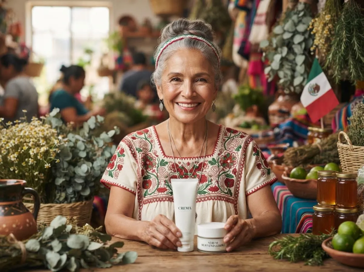 Mujer mexicana en un mercado de flores, sosteniendo un producto de cuidado facial