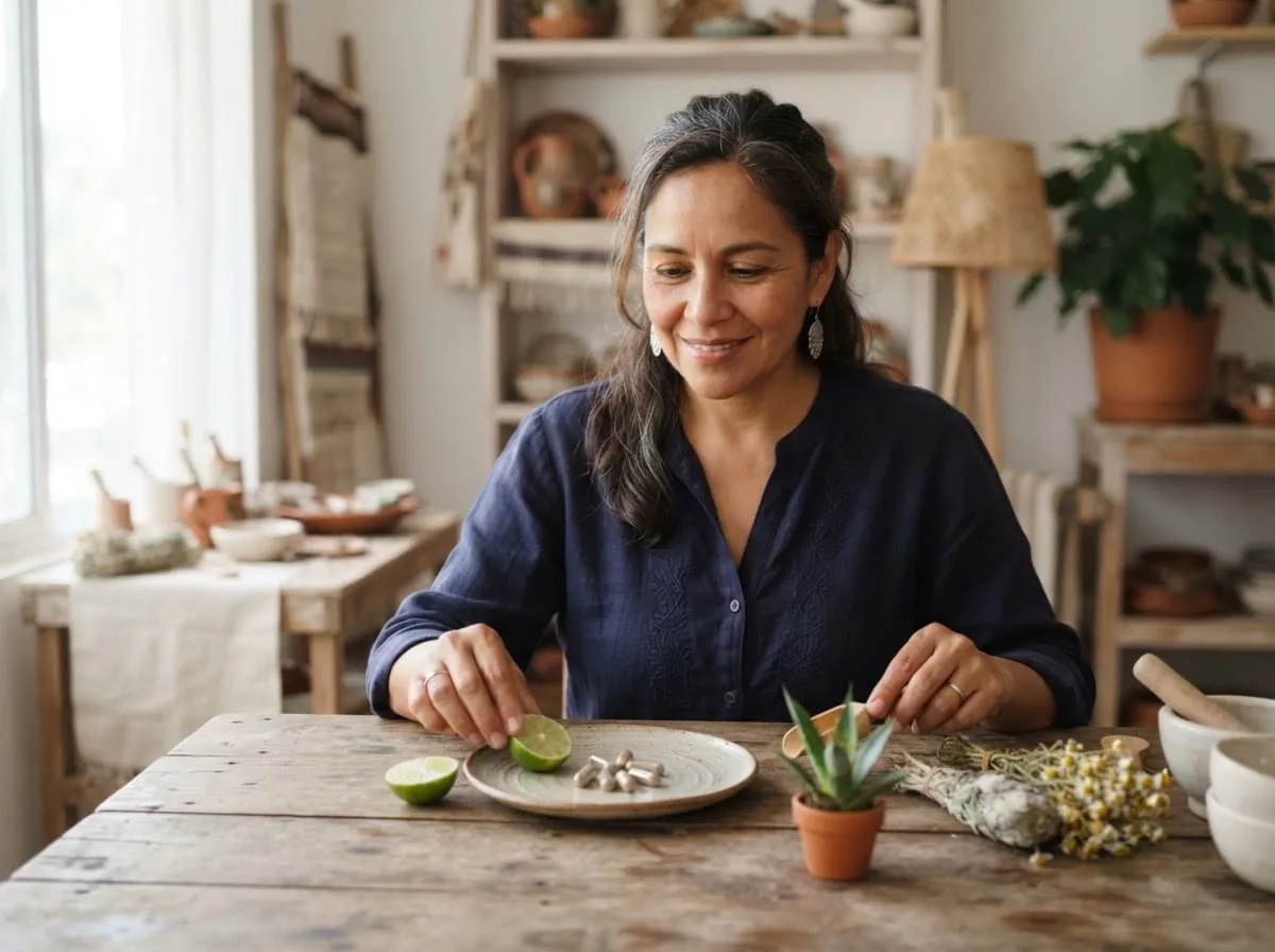Mujer mexicana en su comedor, preparando su rutina de cuidado facial