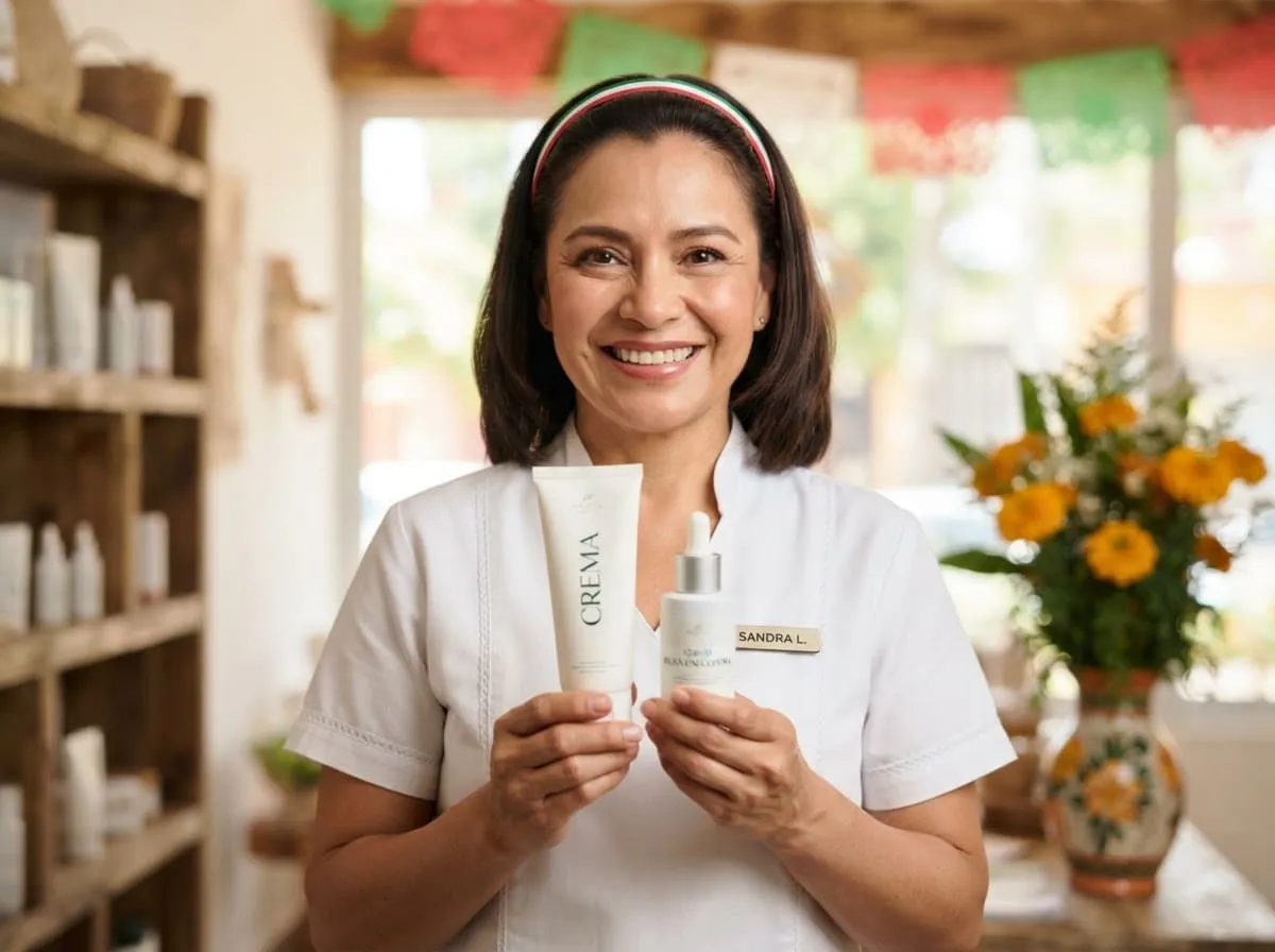 Especialista mexicana en cuidado facial sosteniendo un sérum, en un espacio luminoso