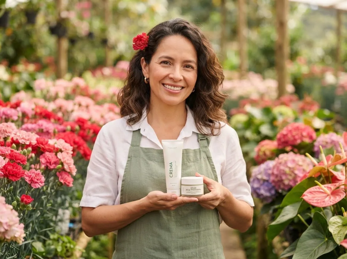 Mujer colombiana entre flores, sosteniendo un producto de cuidado facial