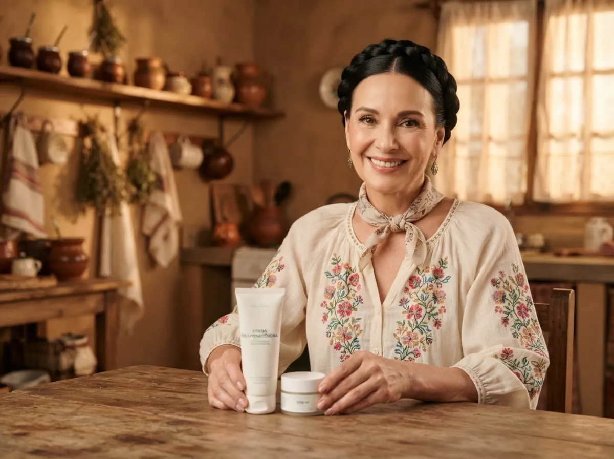 Mujer argentina en una cocina tradicional, sosteniendo un producto de cuidado facial