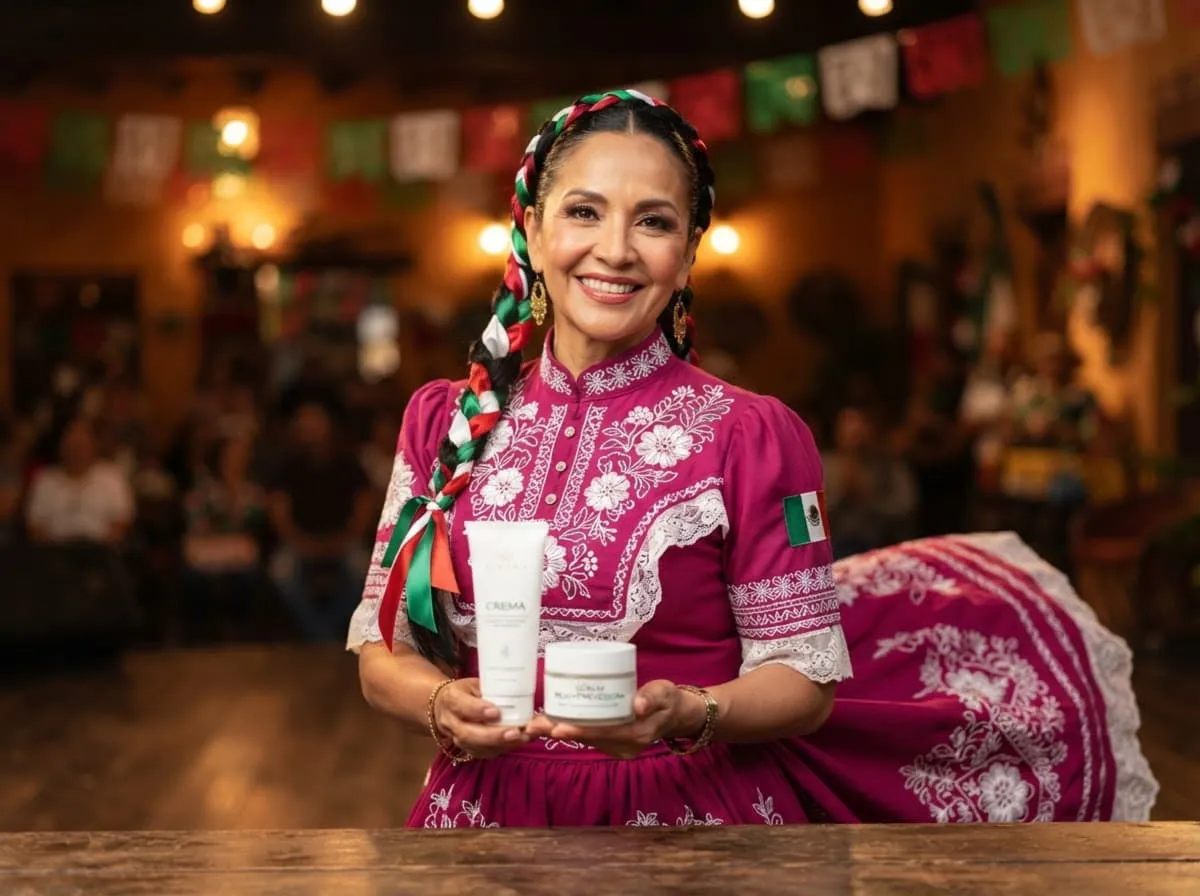 Mujer mexicana con vestimenta tradicional, sosteniendo un producto de cuidado facial