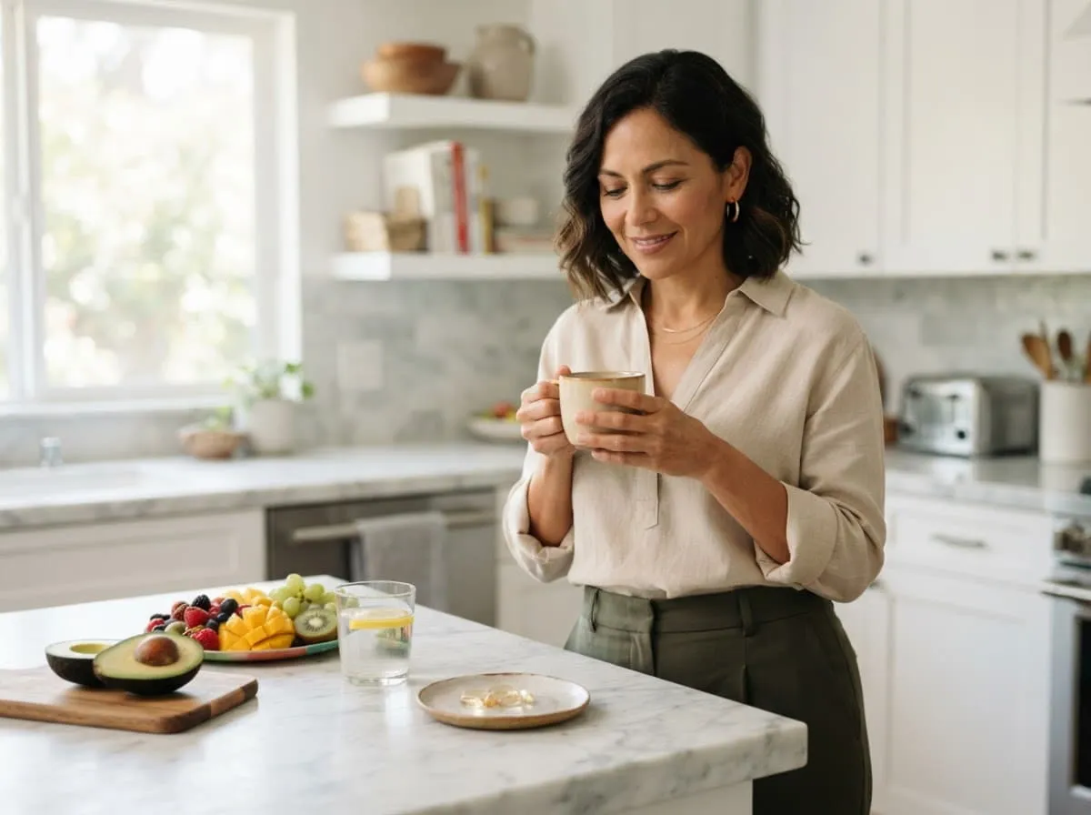 Mujer en su cocina por la mañana con luz natural