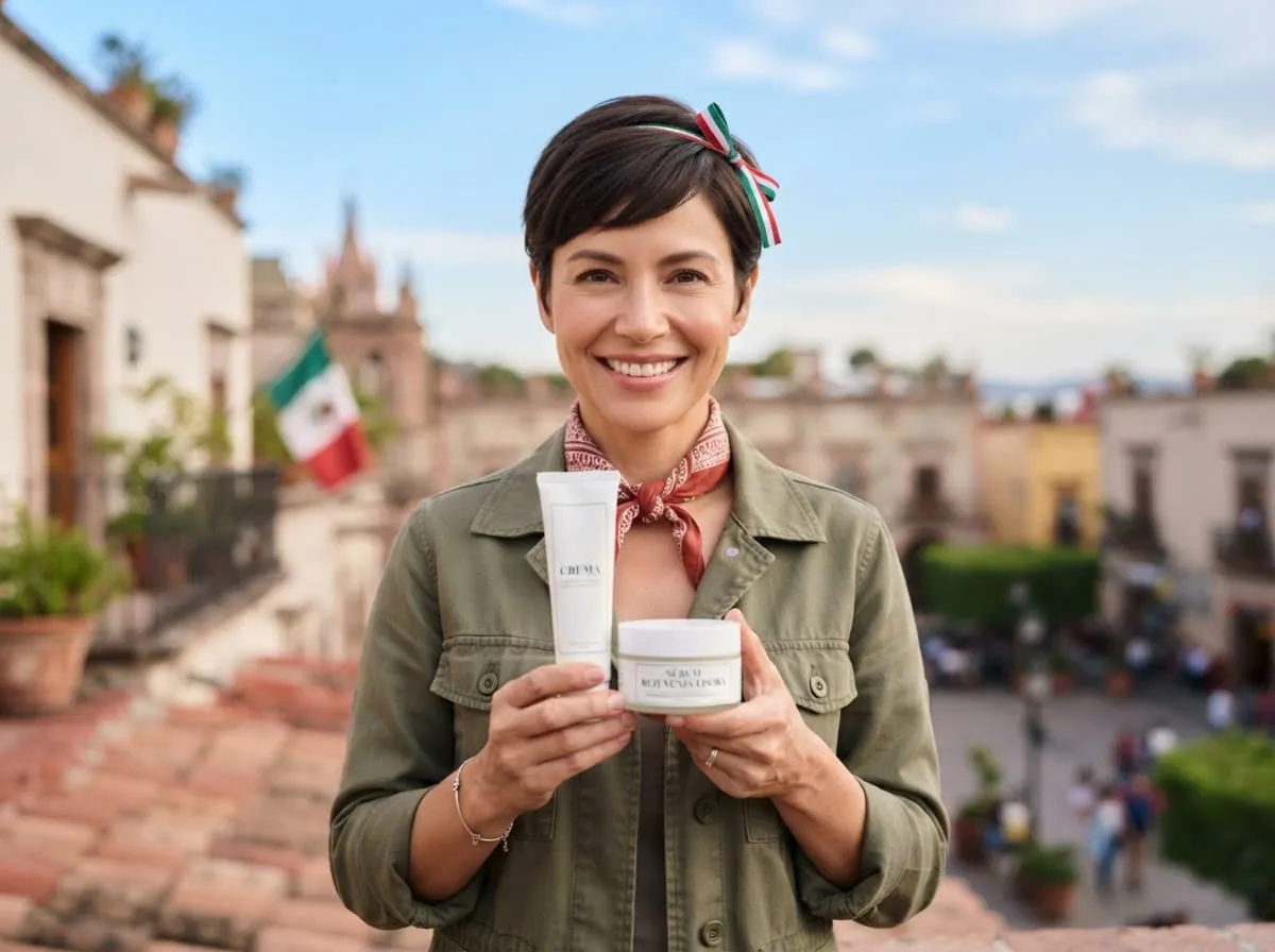Mujer mexicana en una calle empedrada, sosteniendo un producto de cuidado facial