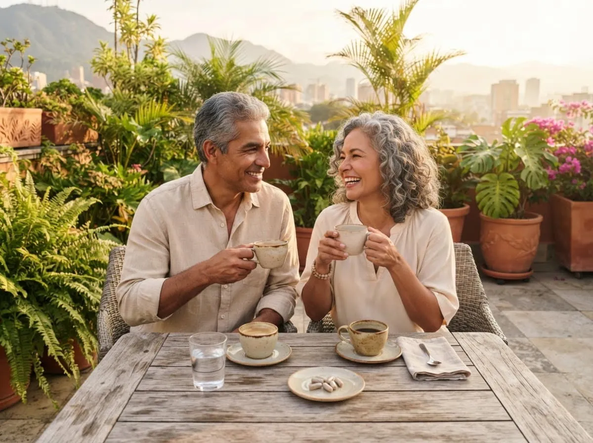 Pareja mexicana tomando café en una terraza con vista a la ciudad
