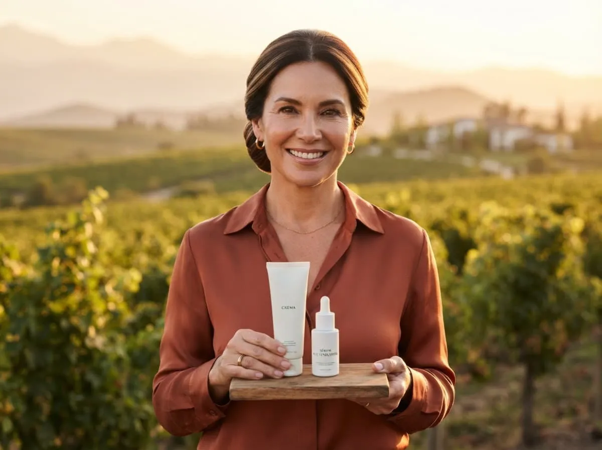 Mujer chilena en un viñedo, sosteniendo un producto de cuidado facial