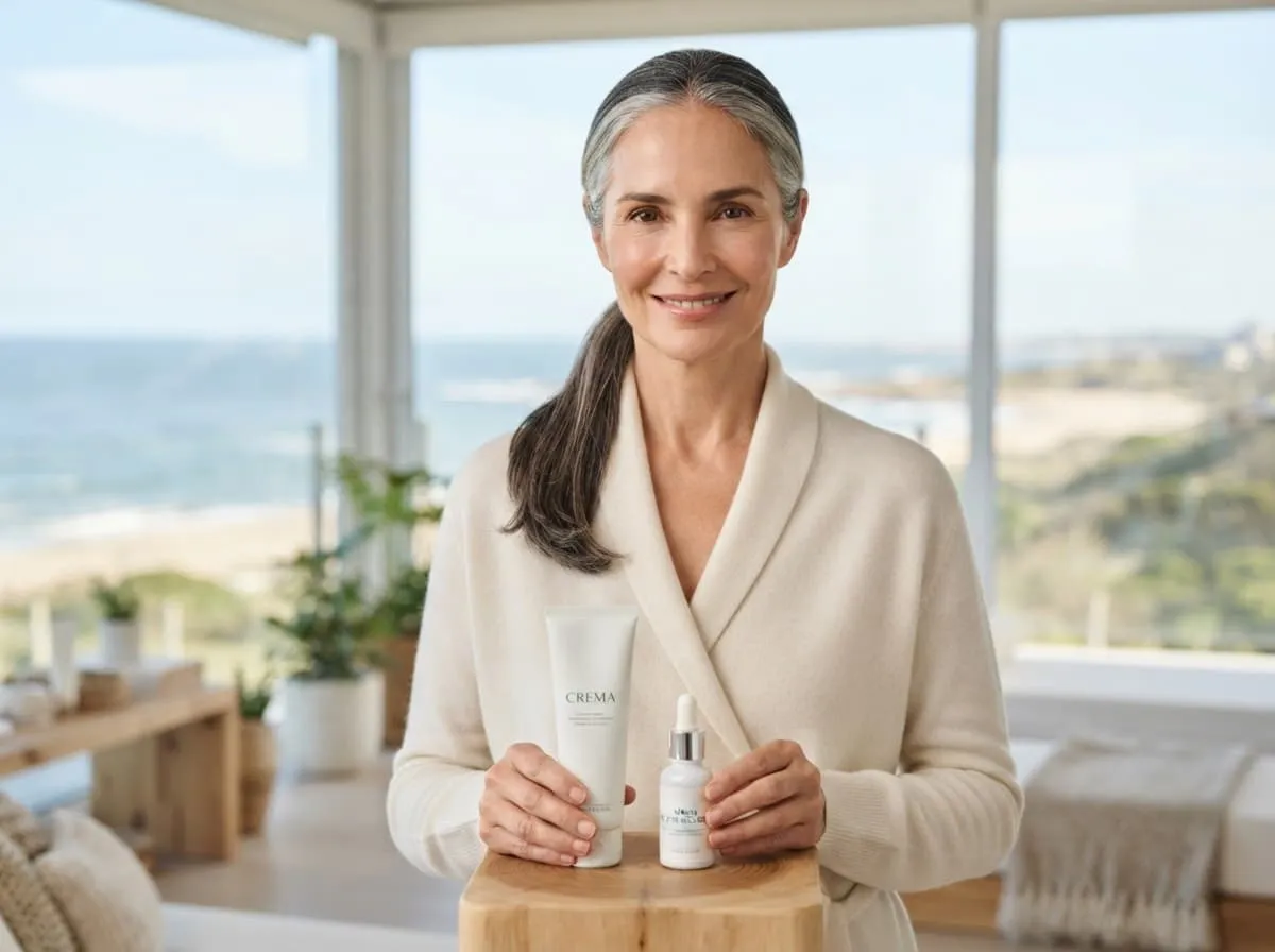 Mujer latina en un ambiente de bienestar, sosteniendo un producto de cuidado facial